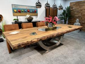 Design Esszimmertisch aus recyceltem Altholz "Deep Island" ca. 300 x 120 x 78 cm mit einem Tischgestell aus Edelstahl und Glaseinlagen