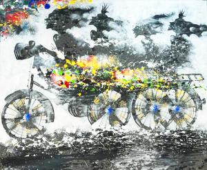 Handgemaltes Ölgemälde auf Leinwand "Fahrradtour" ca. 120 x 100 x 4 cm